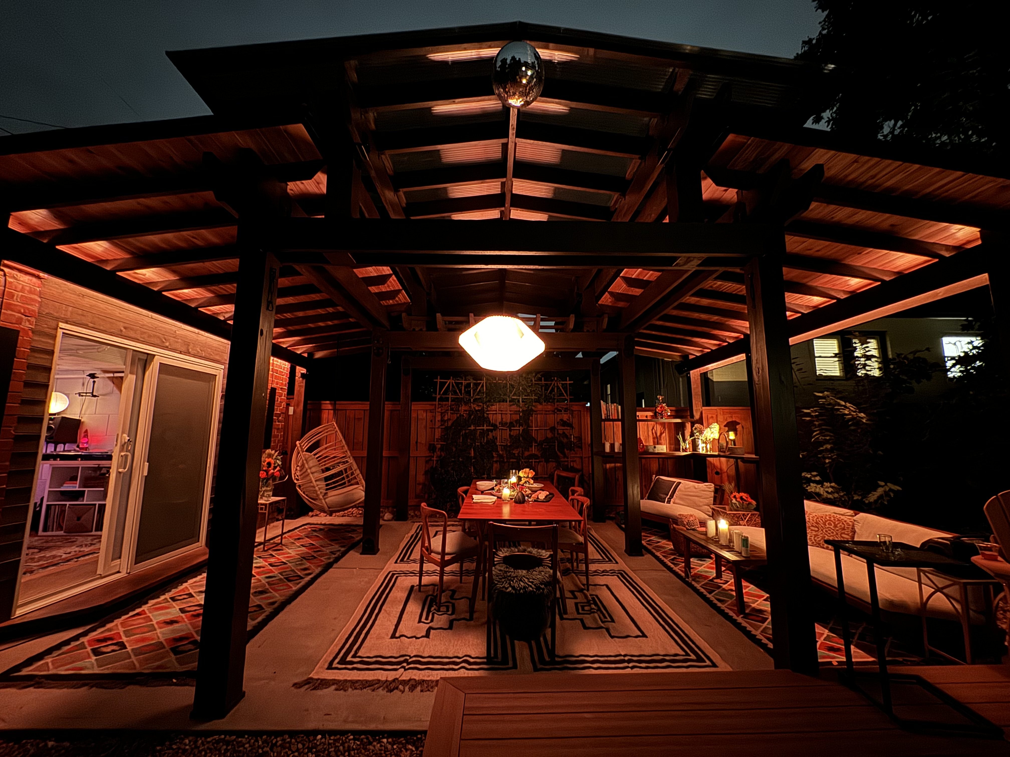 Danger Den custom outdoor wellness pergola with integrated lighting design, Denver Colorado